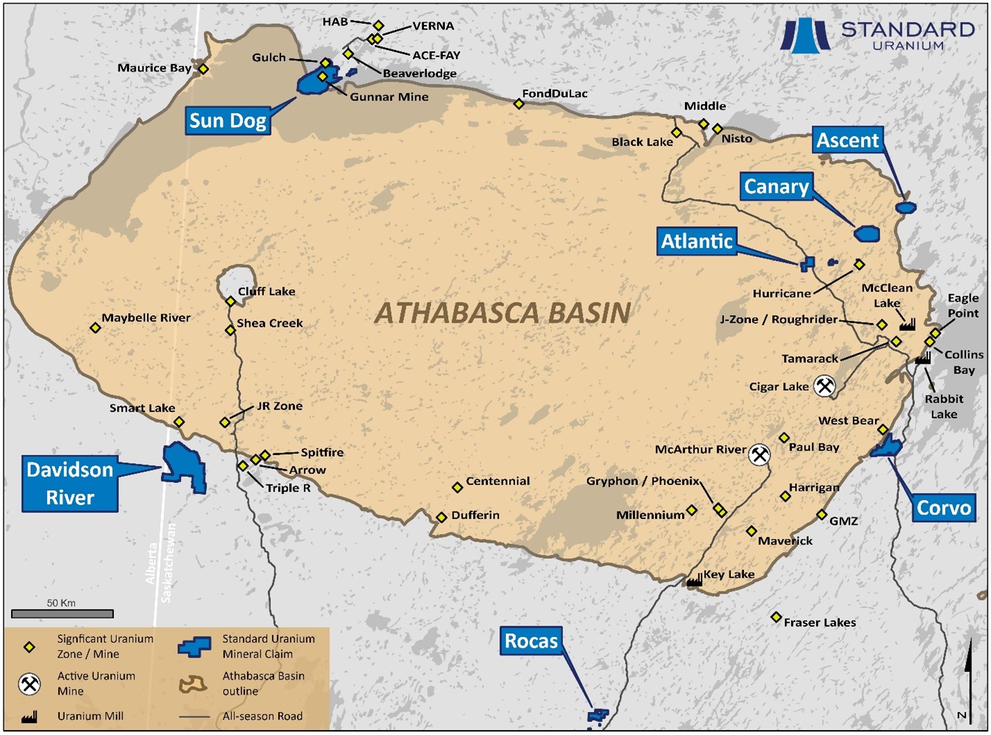 Overview of the Athabasca Basin, highlighting Standard Uranium’s projects.